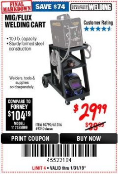 Harbor Freight Coupon CHICAGO ELECTRIC WELDING CART Lot No. 61316/69340/60790 Expired: 1/31/19 - $29.99