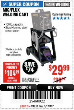 Harbor Freight Coupon CHICAGO ELECTRIC WELDING CART Lot No. 61316/69340/60790 Expired: 3/17/19 - $29.99