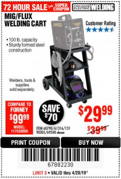 Harbor Freight Coupon CHICAGO ELECTRIC WELDING CART Lot No. 61316/69340/60790 Expired: 4/28/19 - $29.99