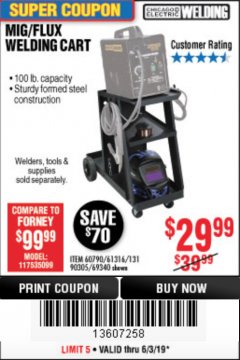 Harbor Freight Coupon MIG-FLUX WELDING CART Lot No. 69340/60790/90305/61316 Expired: 6/30/19 - $29.99