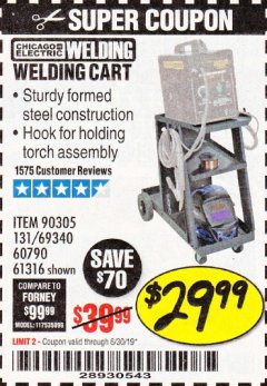 Harbor Freight Coupon MIG-FLUX WELDING CART Lot No. 69340/60790/90305/61316 Expired: 6/30/19 - $29.99