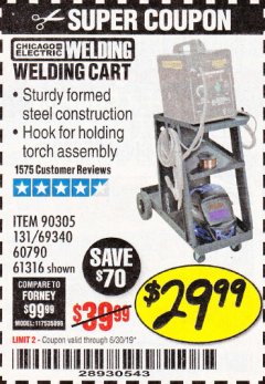 Harbor Freight Coupon CHICAGO ELECTRIC WELDING CART Lot No. 61316/69340/60790 Expired: 6/30/19 - $29.99