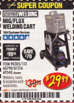 Harbor Freight Coupon MIG-FLUX WELDING CART Lot No. 69340/60790/90305/61316 Expired: 7/31/19 - $29.99