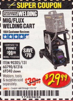 Harbor Freight Coupon CHICAGO ELECTRIC WELDING CART Lot No. 61316/69340/60790 Expired: 7/31/19 - $29.99