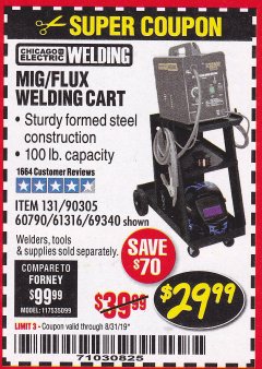 Harbor Freight Coupon MIG-FLUX WELDING CART Lot No. 69340/60790/90305/61316 Expired: 8/31/19 - $29.99