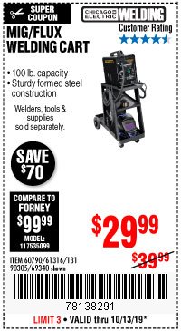Harbor Freight Coupon MIG-FLUX WELDING CART Lot No. 69340/60790/90305/61316 Expired: 10/13/19 - $29.99