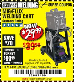 Harbor Freight Coupon MIG-FLUX WELDING CART Lot No. 69340/60790/90305/61316 Expired: 1/27/20 - $29.99