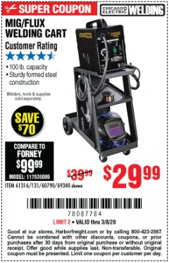 Harbor Freight Coupon CHICAGO ELECTRIC WELDING CART Lot No. 61316/69340/60790 Expired: 3/8/20 - $29.99
