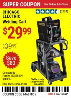 Harbor Freight Coupon MIG-FLUX WELDING CART Lot No. 69340/60790/90305/61316 Expired: 12/3/20 - $29.99