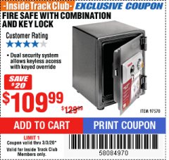 Harbor Freight ITC Coupon FIRE SAFE WITH COMBINATION AND KEY LOCK Lot No. 97570 Expired: 3/3/20 - $109.99