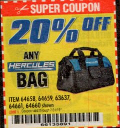 Harbor Freight Coupon 20PCT OFF ANY HERCULES BAG Lot No. 64658, 64659, 63637, 64661, 64660 Expired: 7/31/19 - $0