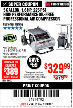 Harbor Freight Coupon FORTRESS 5 GALLON 1.6 HP HIGH PERFORMANCE OIL-FREE AIR COMPRESSOR Lot No. 56402 Expired: 11/3/19 - $329.99
