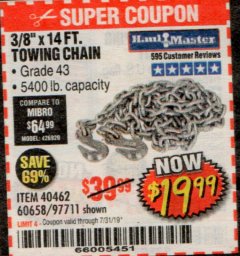 Harbor Freight Coupon 3/8" X 14 FT. TOWING CHAIN Lot No. 40462/60658/97711 Expired: 7/31/19 - $19.99