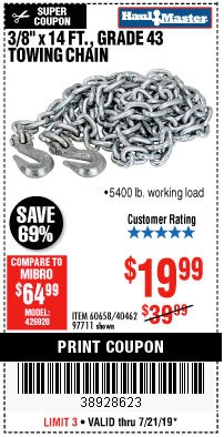 Harbor Freight Coupon 3/8" X 14 FT. TOWING CHAIN Lot No. 40462/60658/97711 Expired: 7/21/19 - $19.99