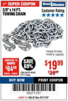 Harbor Freight Coupon 3/8" X 14 FT. TOWING CHAIN Lot No. 40462/60658/97711 Expired: 8/11/19 - $19.99
