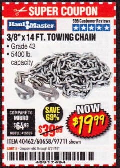 Harbor Freight Coupon 3/8" X 14 FT. TOWING CHAIN Lot No. 40462/60658/97711 Expired: 8/31/19 - $19.99