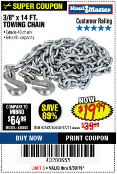 Harbor Freight Coupon 3/8" X 14 FT. TOWING CHAIN Lot No. 40462/60658/97711 Expired: 9/30/19 - $19.99