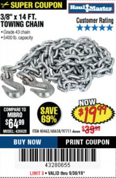 Harbor Freight Coupon 3/8" X 14 FT. TOWING CHAIN Lot No. 40462/60658/97711 Expired: 9/30/19 - $19.99
