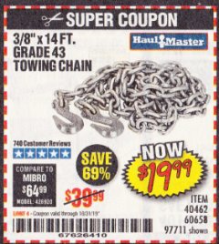 Harbor Freight Coupon 3/8" X 14 FT. TOWING CHAIN Lot No. 40462/60658/97711 Expired: 10/31/19 - $19.99