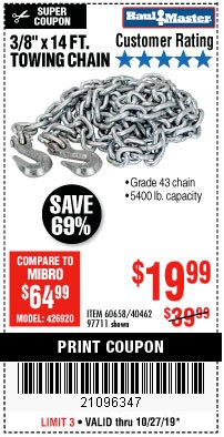 Harbor Freight Coupon 3/8" X 14 FT. TOWING CHAIN Lot No. 40462/60658/97711 Expired: 10/27/19 - $19.99