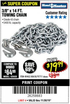 Harbor Freight Coupon 3/8" X 14 FT. TOWING CHAIN Lot No. 40462/60658/97711 Expired: 11/30/19 - $19.99