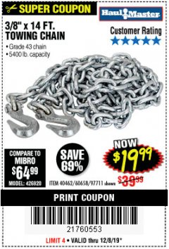 Harbor Freight Coupon 3/8" X 14 FT. TOWING CHAIN Lot No. 40462/60658/97711 Expired: 12/8/19 - $19.99