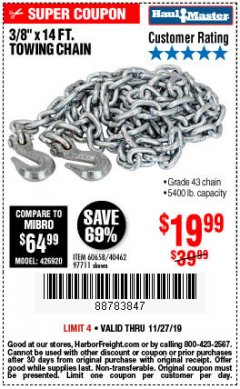 Harbor Freight Coupon 3/8" X 14 FT. TOWING CHAIN Lot No. 40462/60658/97711 Expired: 11/27/19 - $19.99