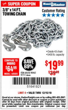 Harbor Freight Coupon 3/8" X 14 FT. TOWING CHAIN Lot No. 40462/60658/97711 Expired: 12/15/19 - $19.99