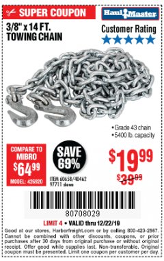Harbor Freight Coupon 3/8" X 14 FT. TOWING CHAIN Lot No. 40462/60658/97711 Expired: 12/22/19 - $19.99