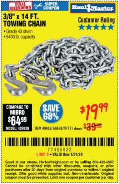 Harbor Freight Coupon 3/8" X 14 FT. TOWING CHAIN Lot No. 40462/60658/97711 Expired: 1/31/20 - $19.99