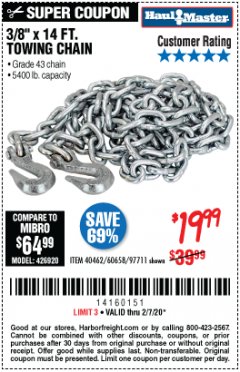 Harbor Freight Coupon 3/8" X 14 FT. TOWING CHAIN Lot No. 40462/60658/97711 Expired: 2/7/20 - $19.99