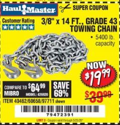 Harbor Freight Coupon 3/8" X 14 FT. TOWING CHAIN Lot No. 40462/60658/97711 Expired: 6/30/20 - $19.99