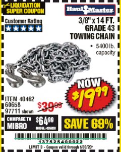 Harbor Freight Coupon 3/8" X 14 FT. TOWING CHAIN Lot No. 40462/60658/97711 Expired: 6/30/20 - $19.99