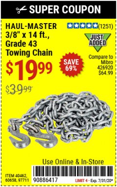 Harbor Freight Coupon 3/8" X 14 FT. TOWING CHAIN Lot No. 40462/60658/97711 Expired: 7/31/20 - $19.99