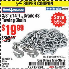 Harbor Freight Coupon 3/8" X 14 FT. TOWING CHAIN Lot No. 40462/60658/97711 Expired: 9/25/20 - $19.99