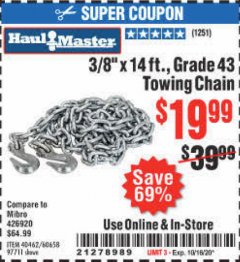 Harbor Freight Coupon 3/8" X 14 FT. TOWING CHAIN Lot No. 40462/60658/97711 Expired: 10/16/20 - $19.99