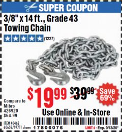 Harbor Freight Coupon 3/8" X 14 FT. TOWING CHAIN Lot No. 40462/60658/97711 Expired: 9/13/20 - $19.99