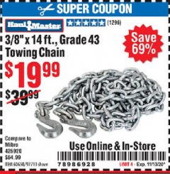 Harbor Freight Coupon 3/8" X 14 FT. TOWING CHAIN Lot No. 40462/60658/97711 Expired: 11/13/20 - $19.99