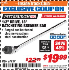 Harbor Freight ITC Coupon 1/2" DRIVE 18" RATCHETING BREAKER BAR Lot No. 67957 Expired: 6/30/20 - $19.99