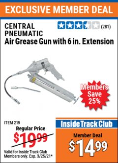 Harbor Freight ITC Coupon AIR GREASE GUN Lot No. 219 Expired: 3/25/21 - $14.99