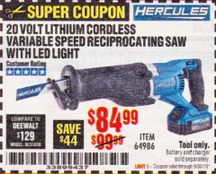 Harbor Freight Coupon HERCULES 20V PROFESSIONAL LITHIUM ION CORDLESS RECIPROCATING SAW Lot No. 64986 Expired: 9/30/19 - $84.99