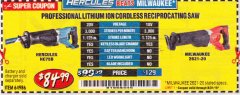 Harbor Freight Coupon HERCULES 20V PROFESSIONAL LITHIUM ION CORDLESS RECIPROCATING SAW Lot No. 64986 Expired: 8/31/19 - $84.99
