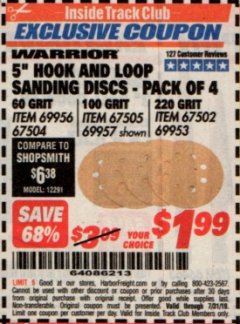 Harbor Freight ITC Coupon 5" HOOK AND LOOP SANDING DISCS - PACK OF 4 Lot No. 69956/67504/67505/69957/67502/69953 Expired: 7/31/19 - $1.99