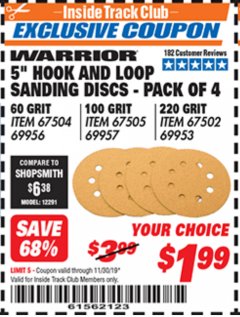 Harbor Freight ITC Coupon 5" HOOK AND LOOP SANDING DISCS - PACK OF 4 Lot No. 69956/67504/67505/69957/67502/69953 Expired: 11/30/19 - $1.99