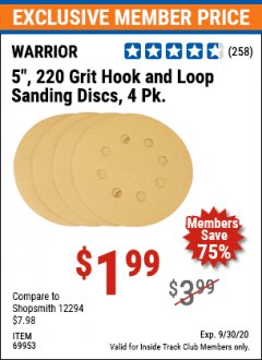 Harbor Freight ITC Coupon 5" HOOK AND LOOP SANDING DISCS - PACK OF 4 Lot No. 69956/67504/67505/69957/67502/69953 Expired: 9/30/20 - $1.99