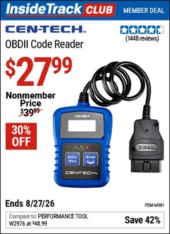 Harbor Freight ITC Coupon CEN-TECH OBDII CODE READER Lot No. 64981 Valid Thru: 8/27/26 - $27.99