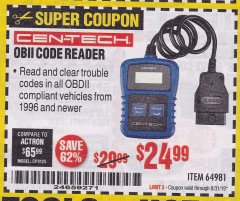 Harbor Freight Coupon OBD II CODE READER Lot No. 64981 Expired: 8/31/19 - $24.99