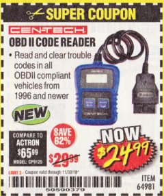 Harbor Freight Coupon OBD II CODE READER Lot No. 64981 Expired: 11/30/19 - $24.99
