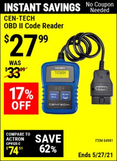 Harbor Freight Coupon OBD II CODE READER Lot No. 64981 Expired: 4/29/21 - $27.99