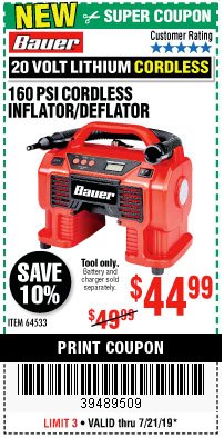 Harbor Freight Coupon BAUER 160 PSI CORDLESS INFLATOR/DEFLATOR Lot No. 64533 Expired: 7/21/19 - $44.99